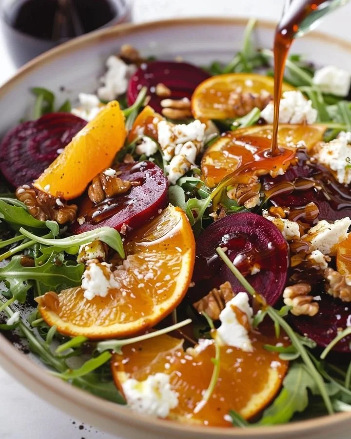 Arugula and citrus salad topped with goat cheese in a colorful bowl