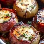 Bacon-wrapped roasted onions with creamy asiago sauce