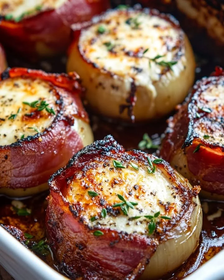 Bacon-wrapped roasted onions with creamy asiago sauce