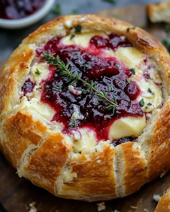 Baked brie served in a bread bowl with cranberry sauce and thyme garnish.