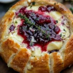 Baked Brie in a bread bowl topped with cranberry sauce and thyme garnish