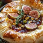 Baked brie in puff pastry served with fig jam and pistachios