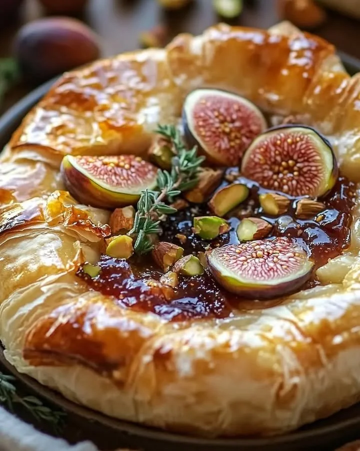 Baked brie in puff pastry served with fig jam and pistachios