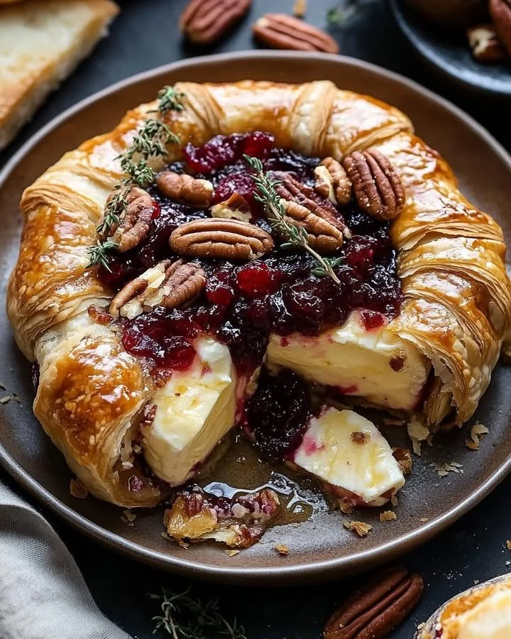 Delicious Baked Brie topped with Cranberry Sauce and Pecans