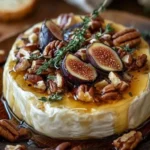 Delicious Baked Brie topped with figs, honey, and pecans served on a wooden board.