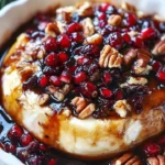 Delicious Baked Brie topped with honey balsamic cranberries, pecans, and pomegranate.