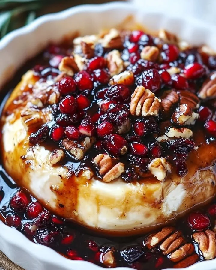 Delicious Baked Brie topped with honey balsamic cranberries, pecans, and pomegranate.