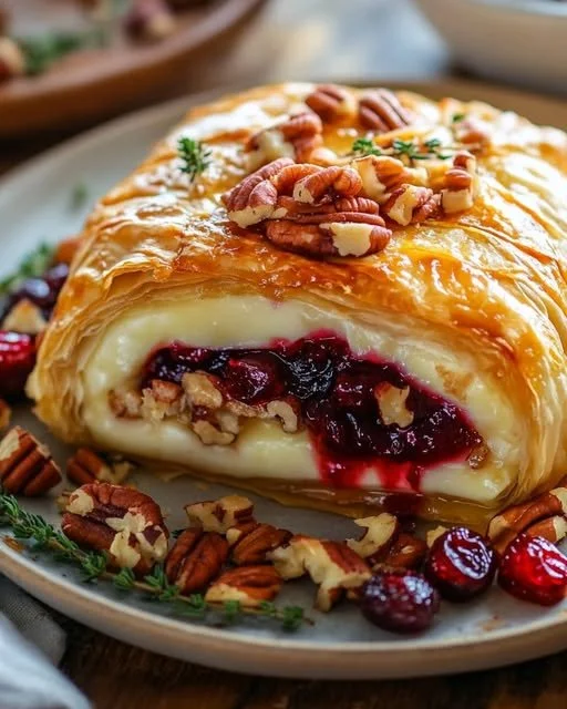 Delicious baked brie wrapped in puff pastry, served as an elegant appetizer.