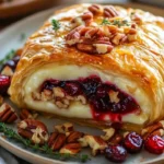 Baked brie with puff pastry and cranberry-pepper jelly on a serving platter