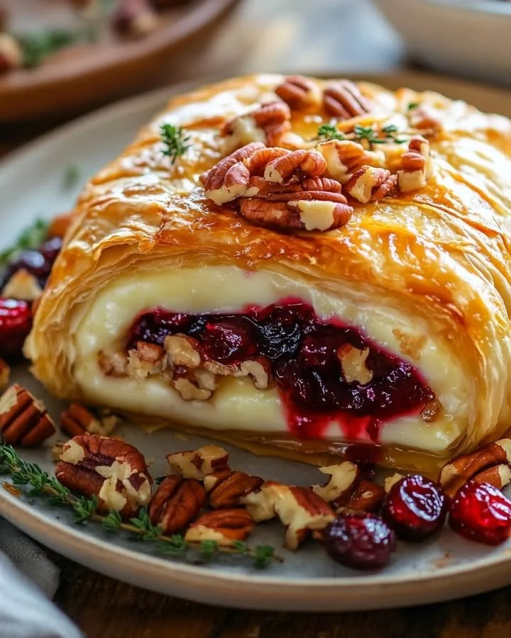 Baked brie with puff pastry and cranberry-pepper jelly on a serving platter