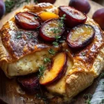 Baked Brie topped with roasted plums and thyme, served warm and inviting.