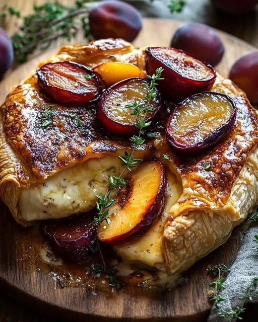 Baked Brie topped with roasted plums and thyme, served warm and inviting.