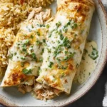 Baked chicken burritos with creamy green chile sauce on a white plate