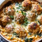 Baked chicken meatballs served with creamy orzo on a plate