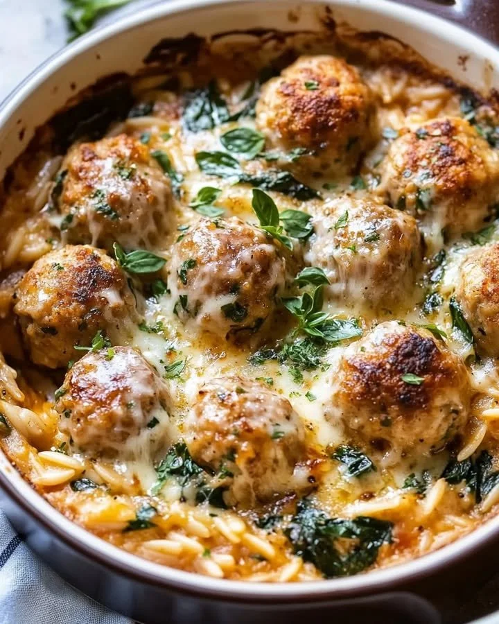 Baked chicken meatballs served with creamy orzo on a plate