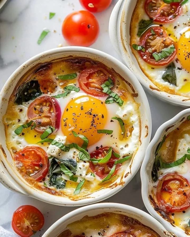 Delicious baked feta eggs topped with herbs and served in a skillet