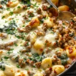 A delicious serving of baked gnocchi with sausage, garnished with herbs.
