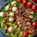 Baked marinated chicken salad topped with mozzarella and balsamic vinaigrette