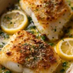 Baked Parmesan Crusted Cod fillet garnished with herbs on a plate