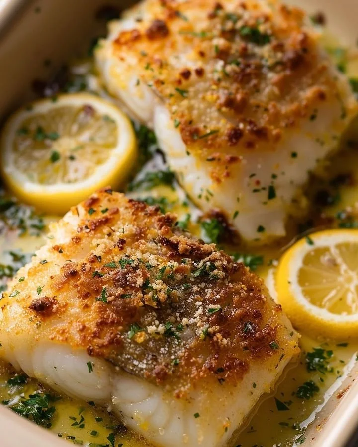 Baked Parmesan Crusted Cod fillet garnished with herbs on a plate