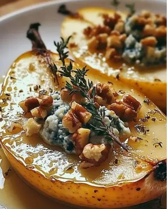 Delicious baked pears topped with blue cheese for a savory-sweet treat