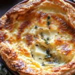 Baked puff pastry with melted cheese and rosemary on a serving plate