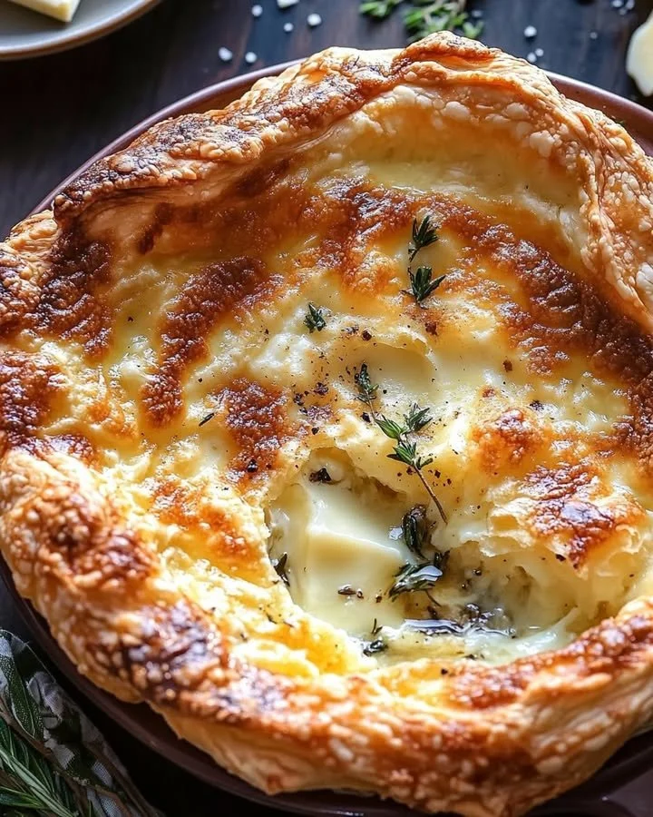 Baked puff pastry with melted cheese and rosemary on a serving plate