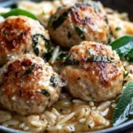 Baked sage chicken meatballs with parmesan orzo on a white plate