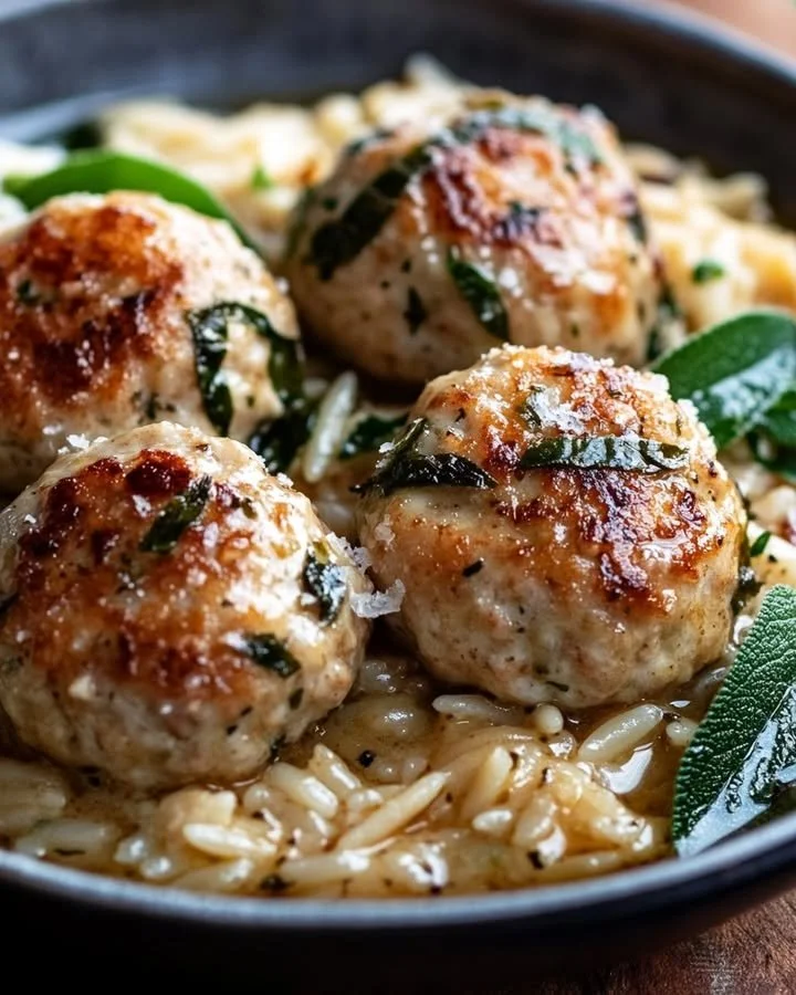 Baked sage chicken meatballs with parmesan orzo on a white plate