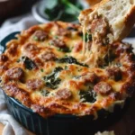 Baked spicy Italian sausage dip with spinach served in a dish