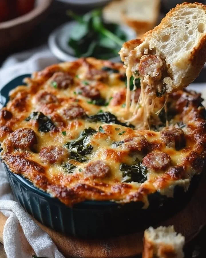 Baked spicy Italian sausage dip with spinach served in a dish