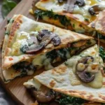 Baked spinach mushroom quesadillas ready to serve with melted cheese and fresh ingredients