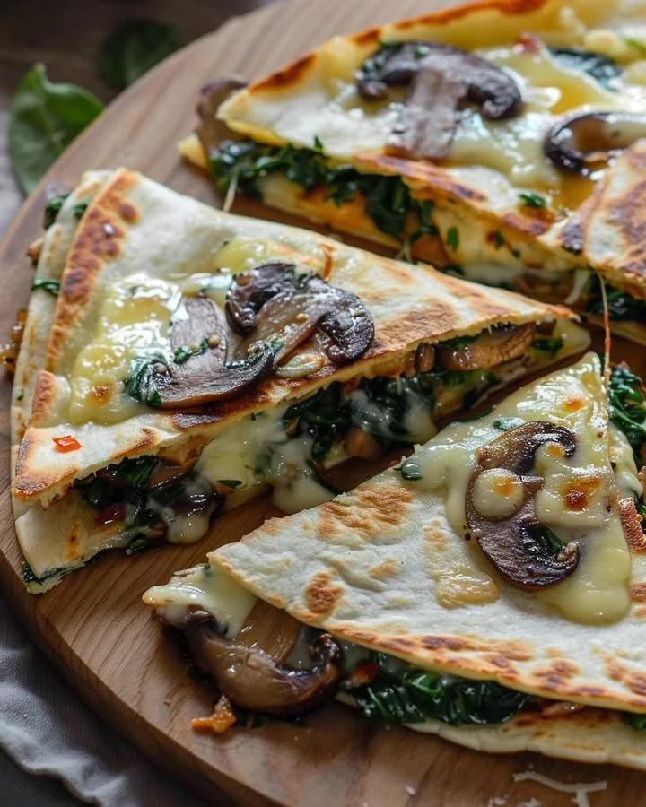 Baked spinach mushroom quesadillas with melted cheese and fresh ingredients.