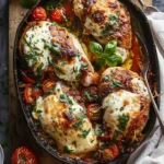 Balsamic glazed chicken with melted mozzarella on top, garnished with herbs