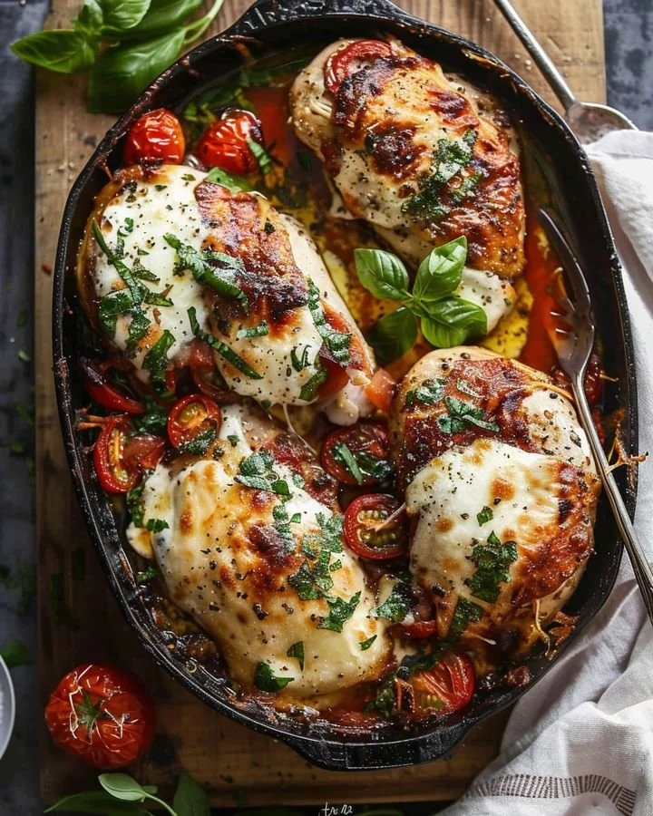 Balsamic glazed chicken with melted mozzarella on top, garnished with herbs