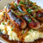 Bangers and Mash with Onion Gravy served on a white plate