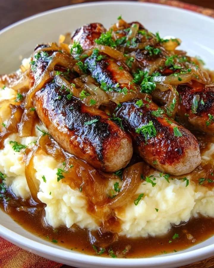 Bangers and Mash with Onion Gravy served on a white plate