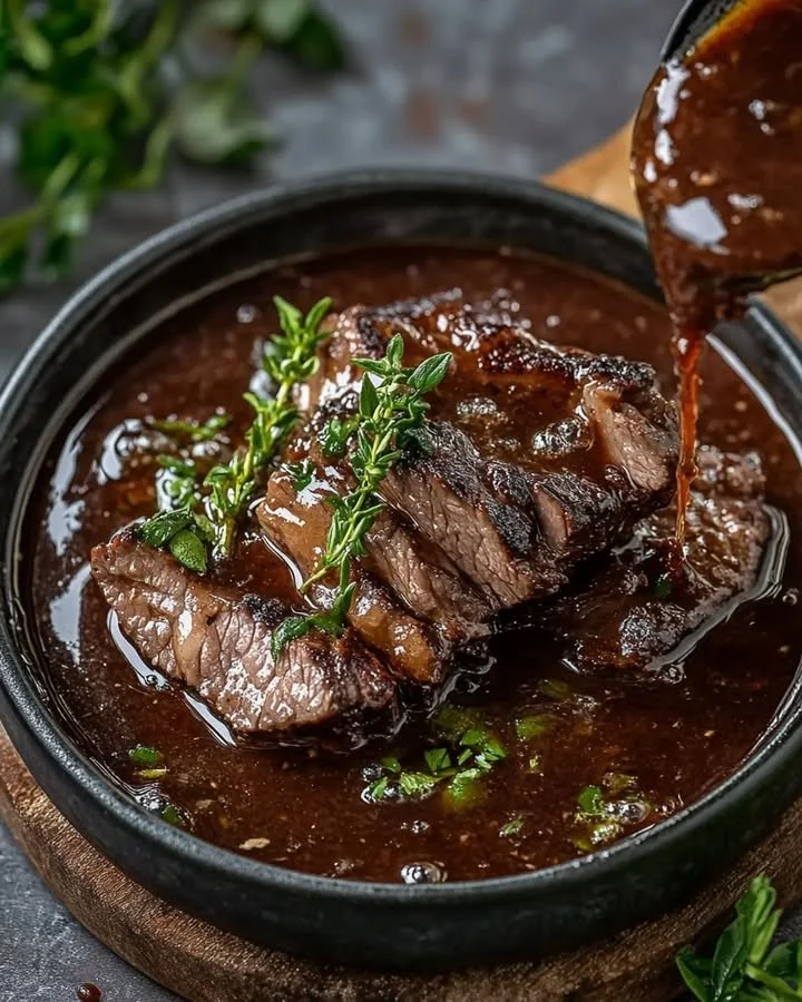 Delicious homemade Beef Jus served over steak for a rich flavor boost.
