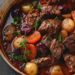 Delicious beef stifado served in a rustic bowl with herbs and spices.