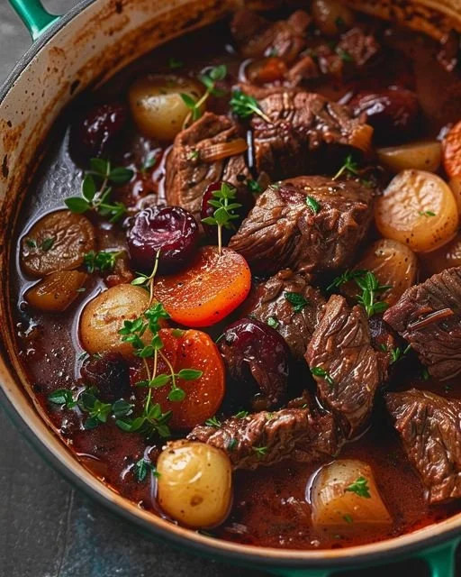 Delicious beef stifado served in a rustic bowl with herbs and spices.