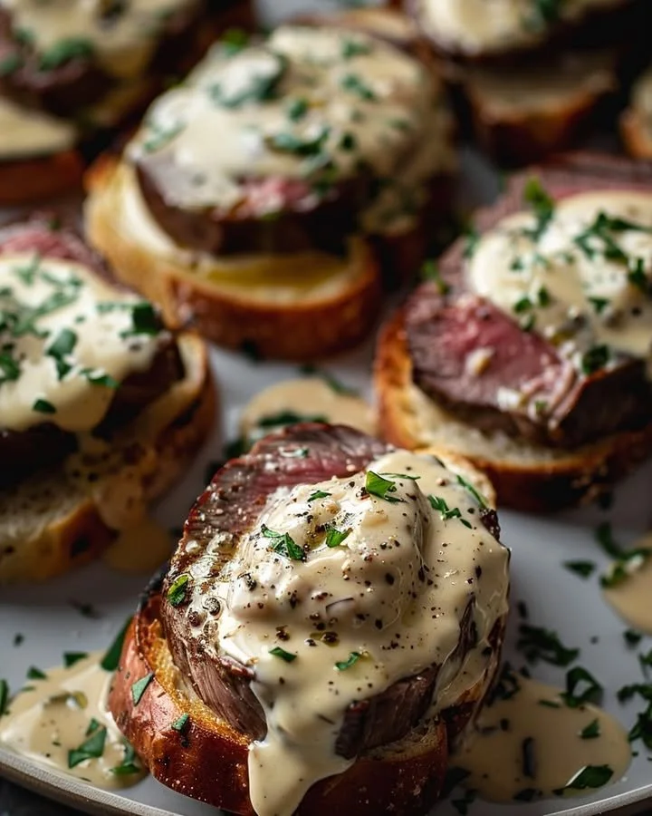 Beef tenderloin crostini with fresh toppings served on a platter