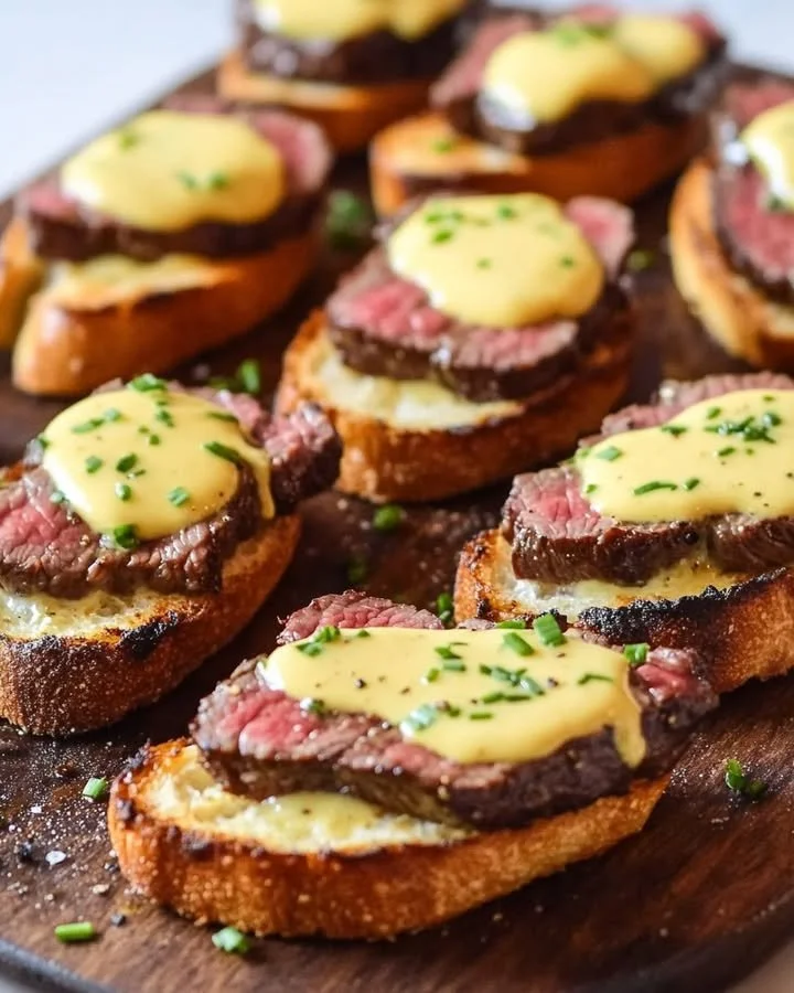 Beef Tenderloin Crostini topped with Béarnaise sauce on a serving platter.
