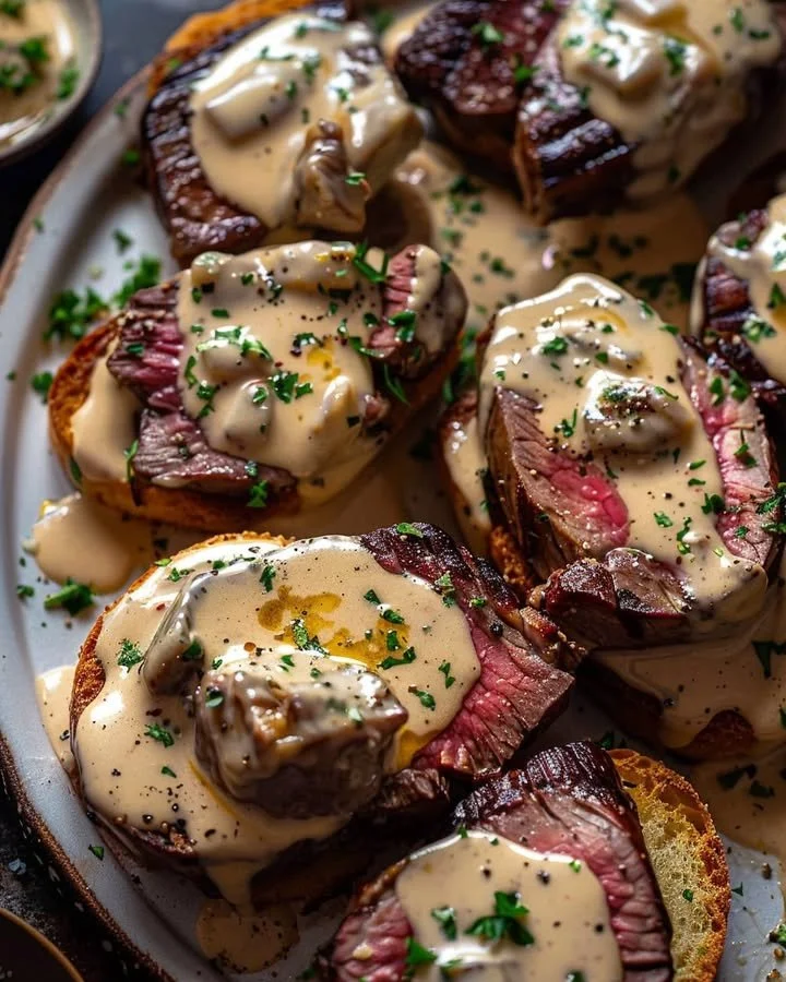 Beef tenderloin crostini topped with creamy parmesan sauce on a platter