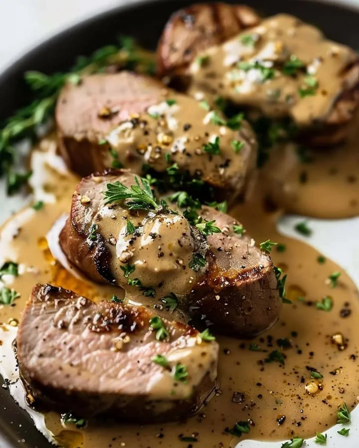 Beef tenderloin with creamy gravy garnished with fresh herbs on a plate.