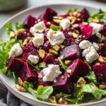 Colorful beet salad topped with goat cheese and crunchy pistachios.