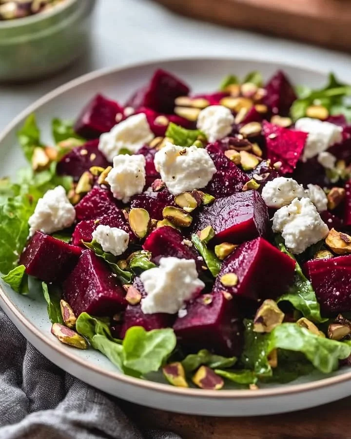 Colorful beet salad topped with goat cheese and crunchy pistachios.
