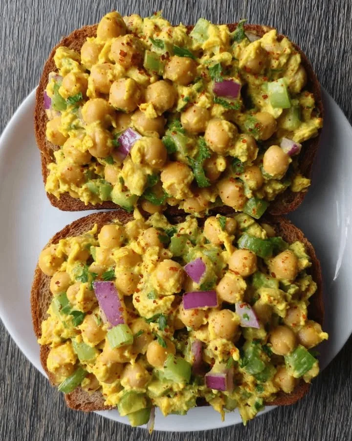 Delicious curried chickpea salad served in a bowl with fresh ingredients