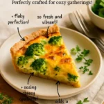 Delicious broccoli quiche fresh out of the oven, garnished and ready to serve.