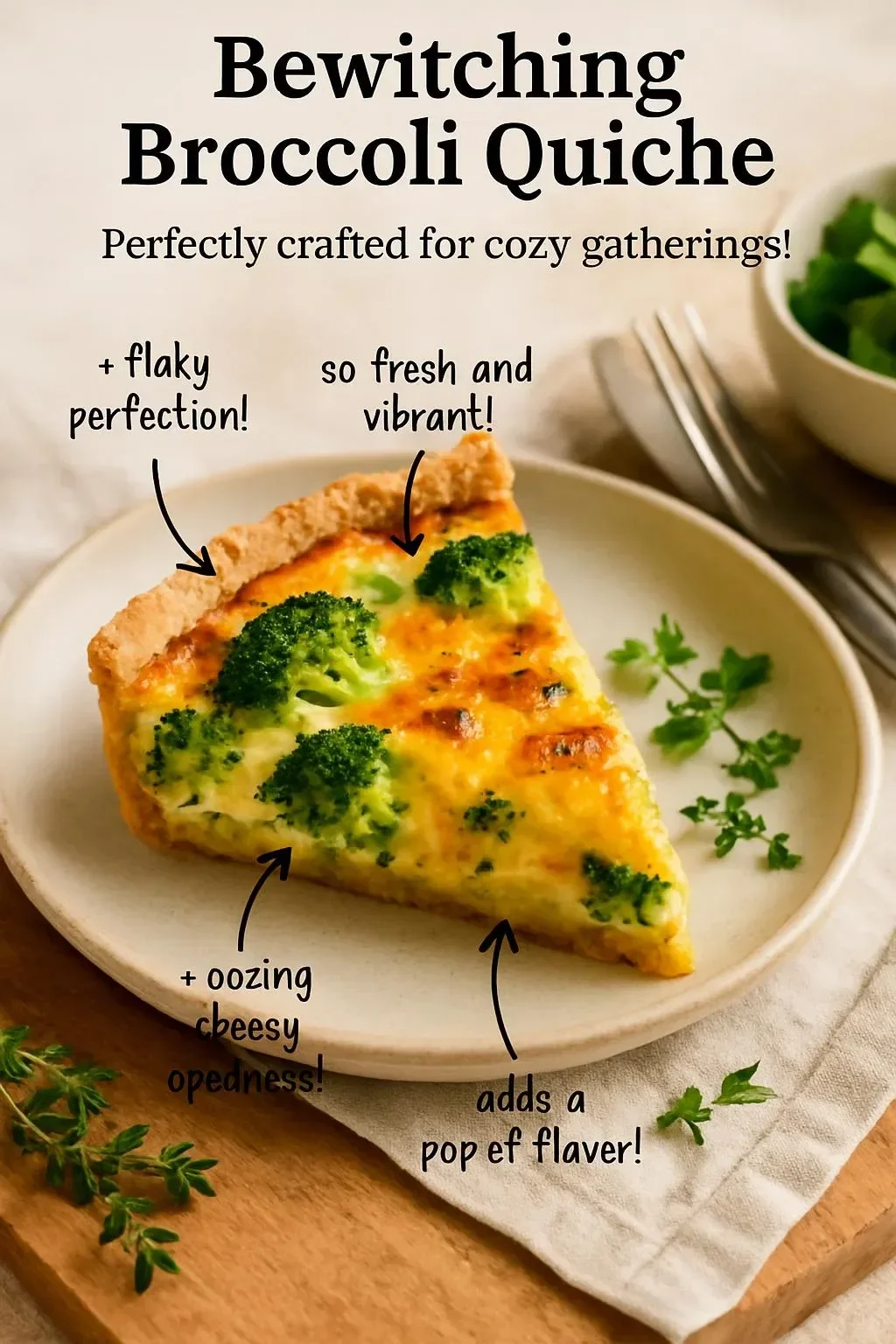 Delicious broccoli quiche fresh out of the oven, garnished and ready to serve.