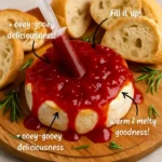 Delicious Bloody Baked Brie topped with cranberry sauce and herbs
